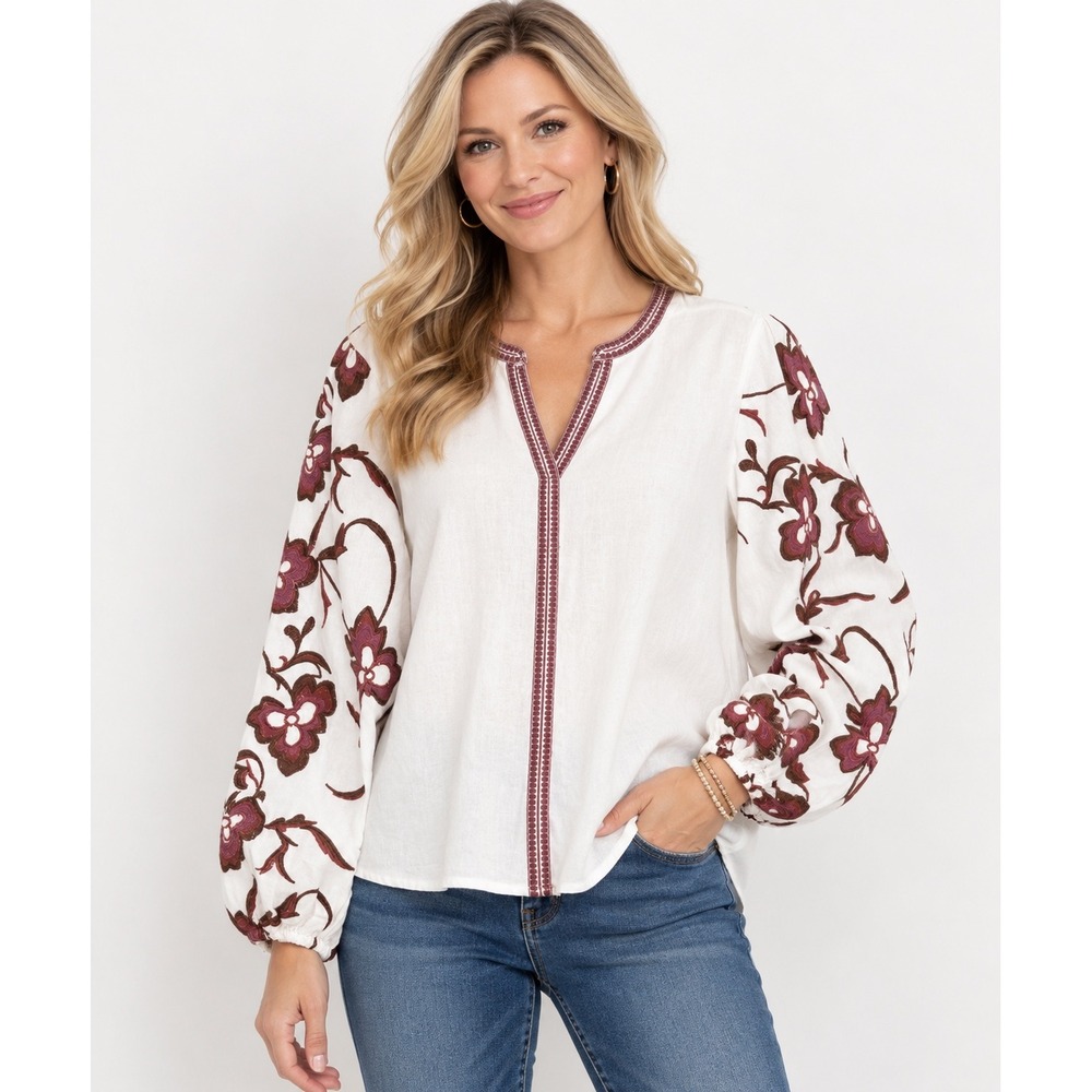 Calypso St. Barth Blouse Womens S White Embroidered Floral Linen Blend Boho Top